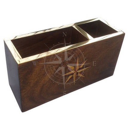 Підставка для ручок і візиток дерево Azur Marine з латунною вставкою та зображенням рожі вітрів 155x55x80 мм, фото 1