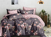 Комплект постельного белья из 100% сатина люкс с компаньоном цветы шоколадный/розовый S484 Евро