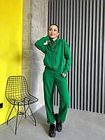 Женский весенний спортивный костюм однотонный 42-56 турецкая петля 95% хлопок кофта на молнии и джогеры Зелений, 42/44