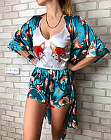 Шелковая женская пижама для сна Лисичка, комплект тройка для дома S-M, M-L Голубой