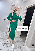 Женский молодёжный вязаный костюм юбка миди в рубчик и топ с длинными рукавами в рубчик оверсайз р.48 зеленый