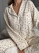 Піжама літня з мусліну XS Бежева в коричневі сердечка