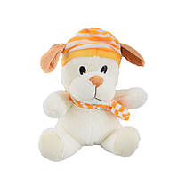 М'яка іграшка собачка в смугастій жовтій шапці з шарфиком 25 см молочна (41209.002)