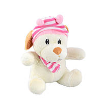 М'яка іграшка песик у смугастій рожевій шапці з шарфиком 25 см молочна (41209.003)