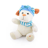 М'яка іграшка песик у смугастій блакитний шапці з шарфиком 25 см молочна (41209.004)