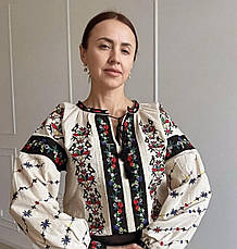 Вишита сорочка, блуза, вишиванка бежевого кольору зі стильною вишивкою розміри S, M, L, фото 3
