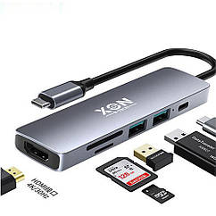 USB-хаб XON SmartHub 6 в 1 (HDMI, SD/TF, Type-C, USB3.0, USB2.0) Сірий (UHCHP062312G 5160)
