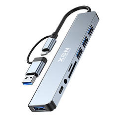 USB-хаб XON SmartHub 9 в 1 (Ethernet, SD/TF, 2xUSB2.0, 2xUSB3.0, Type-C, 3.5 Audio) Сірий (UHCHP093322G 5238)