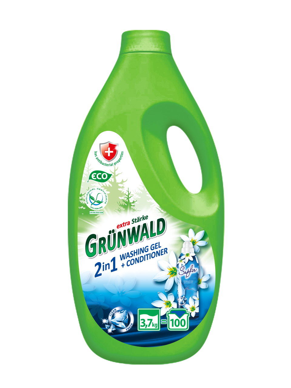 Grunwald 2 in 1, гель для прання кольорових та білих речей, 3,7кг/100 циклів прання