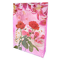 Пакет подарочный 45х33 см с розами ромашками лилиями розовый (42307.004)