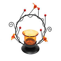 Подсвечник на 1 свечу стакан оранжевый с цветами в круге 15,5 см металл черный (42602.001)