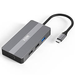 USB-хаб XON SmartHub 8 в 1 (VGA, HDMI, SD/TF, 2xType-C, 2xUSB3.0) Сірий (UHCHP082322G 5207)