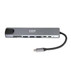 USB-хаб XON SmartHub 8 в 1 (Ethernet, HDMI, SD/TF, 2хType-C, 2xUSB3.0) Сірий (UHCHP084300G 5221)