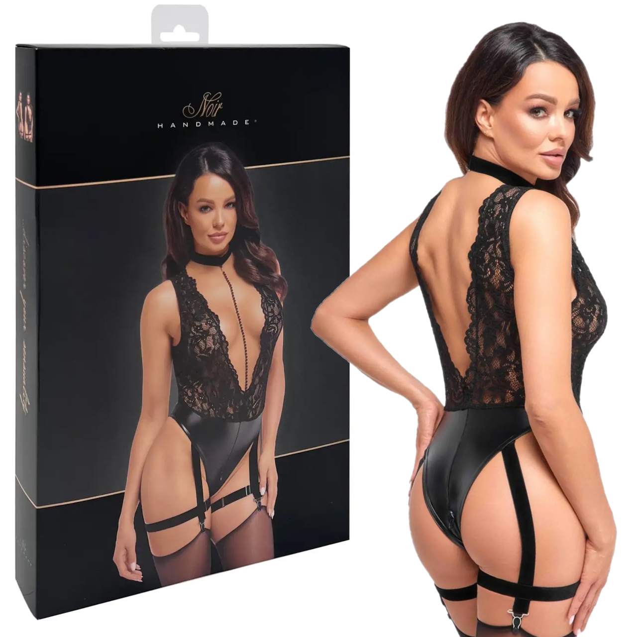 Боді з глибоким декольте та чокером чорне "Libido F297" Noir Handmade (розмір S)
