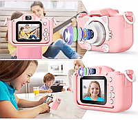 Фотоаппарат цифровой детский для фото и видеосъёмки, фотокамера Котик с играми и силиконовым чехлом