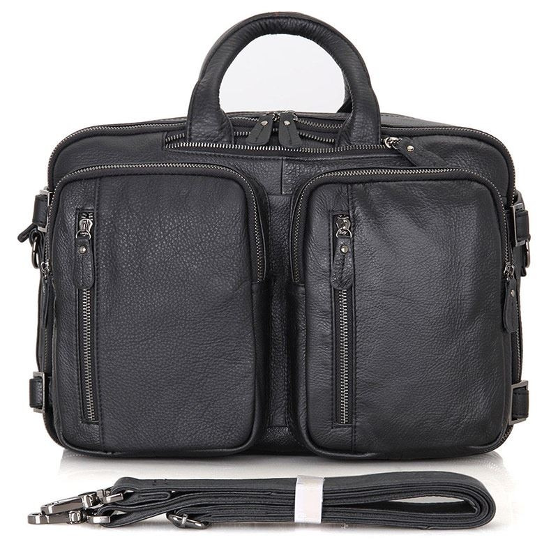 Шкіряна сумка-трансформер JD 7014A рюкзак бриф сумка Чорна 38 × 27 × 15