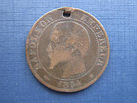 Монета 5 сантимов Франция 1854 М Наполеон III с отверстием