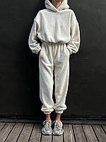 Молочный теплый женский плюшевый костюм трикотаж Тедди: Худи оверсайз и штаны джоггеры