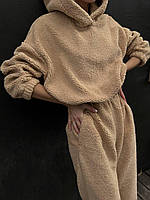 Бежевый теплый женский плюшевый костюм трикотаж Тедди: Худи оверсайз и штаны джоггеры