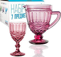 Набор для напитков Elodia Lux Винтаж 6 бокалов 340мл и Кувшин для напитков 1.15л розовое стекло DP64052 S&T