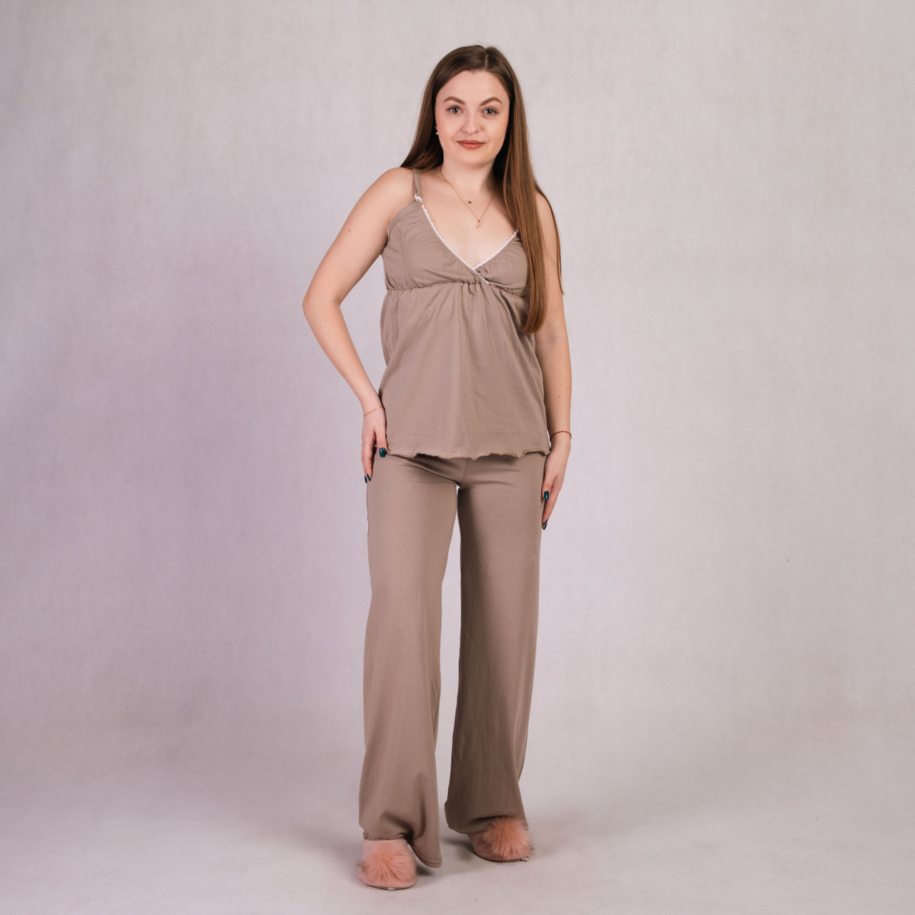 Комплект жіночий топ і штани для вагітних та годуючих мам бавовна бежевий 46-54р