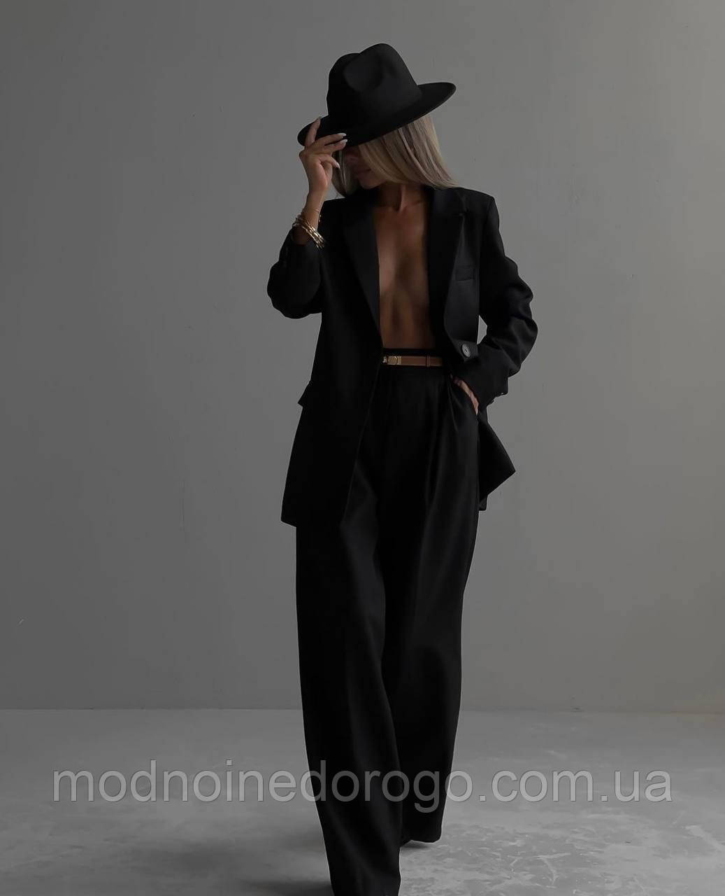Жіночий брючний класичний костюм 2-ка (піджак на гудзику + штани палаццо) розмір 42-44,44-46 (з вимірами)