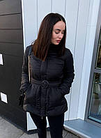 Женская куртка, черная, с поясом и капюшоном