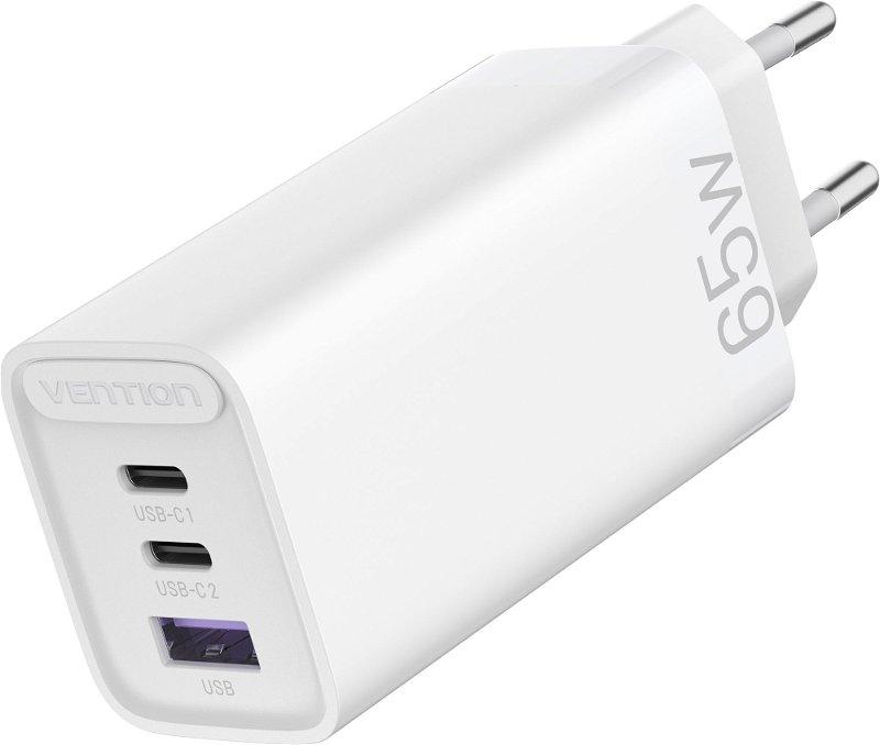 Зарядний мережевий пристрій Vention 3-Port GaN Charger 65 W USB-C / 30 Вт USB-C / 30 Вт USB White (FEDWO-EU)