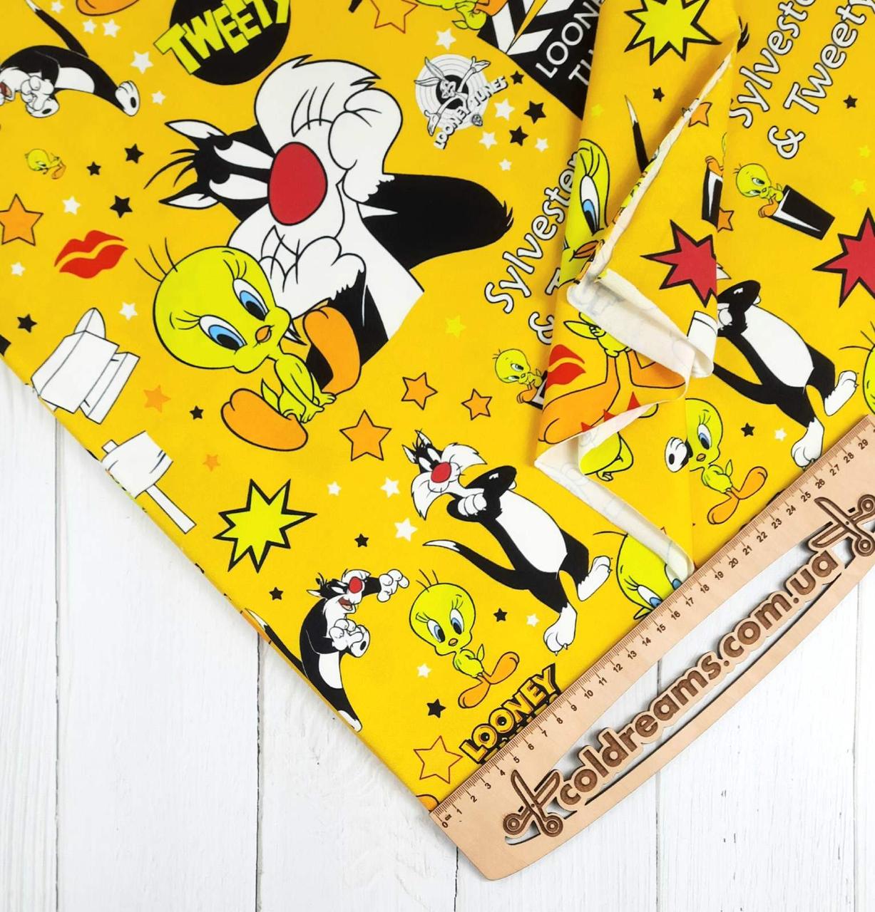 Стрейч кулір принт "Looney tunes на жовтому" — 180 см. (диджитал)