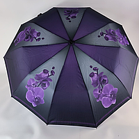 Жіноча складана парасолька-напівавтомат c принтом орхідей фіолетовий, 509-5