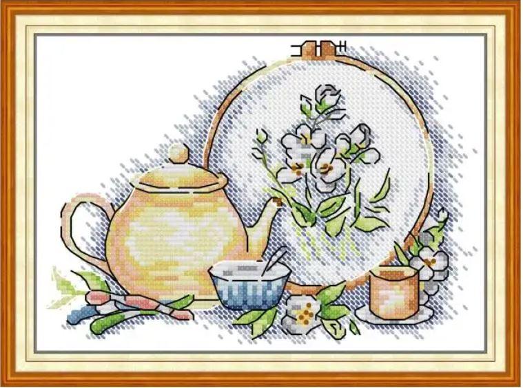 Набір для вишивання за нанесеною на канву схемою "Cross Stitch and Afternoon Tea in Spring".AIDA 14CT printed , 21*16 см