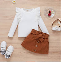 Детский костюм двойка для девочки: белая кофта и коричневая юбка. Комплект для детей: юбочка и реглан