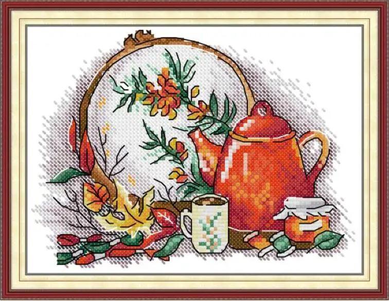 Набір для вишивання за нанесеною на канву схемою "Cross Stitch and Afternoon Tea in Autumn".AIDA 14CT printed , 21*17 см