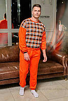 Пижама мужская (кофта со вставкой байки в клетку+штаны) флис начес оранж