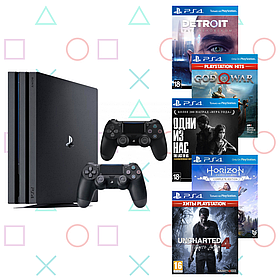 Ігрова приставка PlayStation 4 Pro 1TB (БУ) + додатковий геймпад + 5 ігор