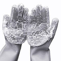 Силиконовые перчатки для мытья и чистки Magic Silicone Gloves с ворсом Серые