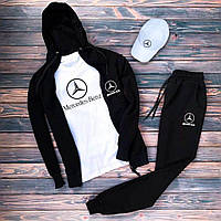Чёрный весенний спортивный костюм Mercedes-Benz мужской, Комплект Мерседес Кофта+Штаны+Футболка и Кепка(белые)