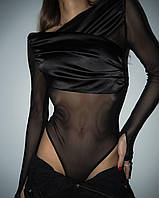 Женское боди с драпировкой на груди, XS-M, черный шелк и сетка