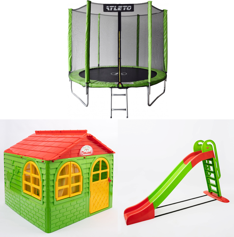 АКЦІЯ НАБІР "ТОП" Дитячий пластиковий будиночок зі шторками, велика пластикова гірка Doloni і батут 252 см, фото 1