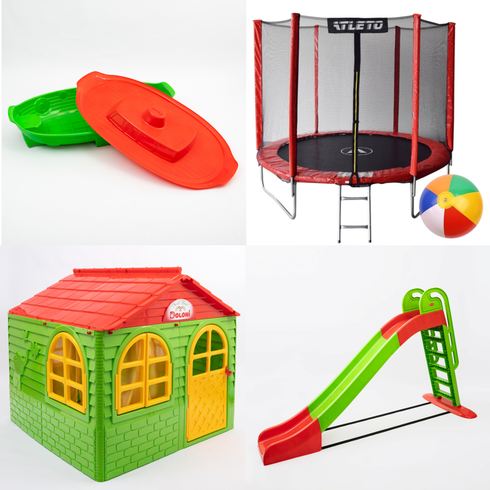 АКЦІЯ НАБІР "ТОП" Дитячий пластиковий будиночок зі шторками, велика пластикова гірка, пісочниця Doloni і батут 252 см, фото 1