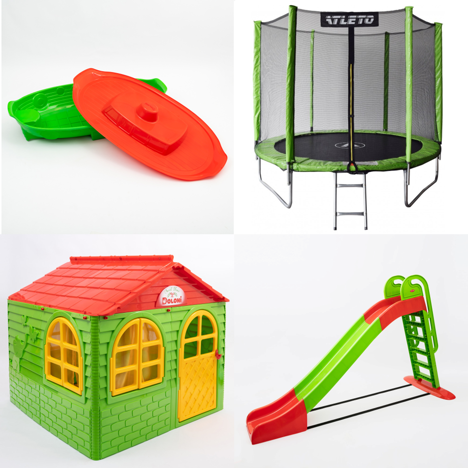 АКЦІЯ НАБІР "ТОП" Дитячий пластиковий будиночок зі шторками, велика пластикова гірка, пісочниця Doloni і батут 252 см, фото 1