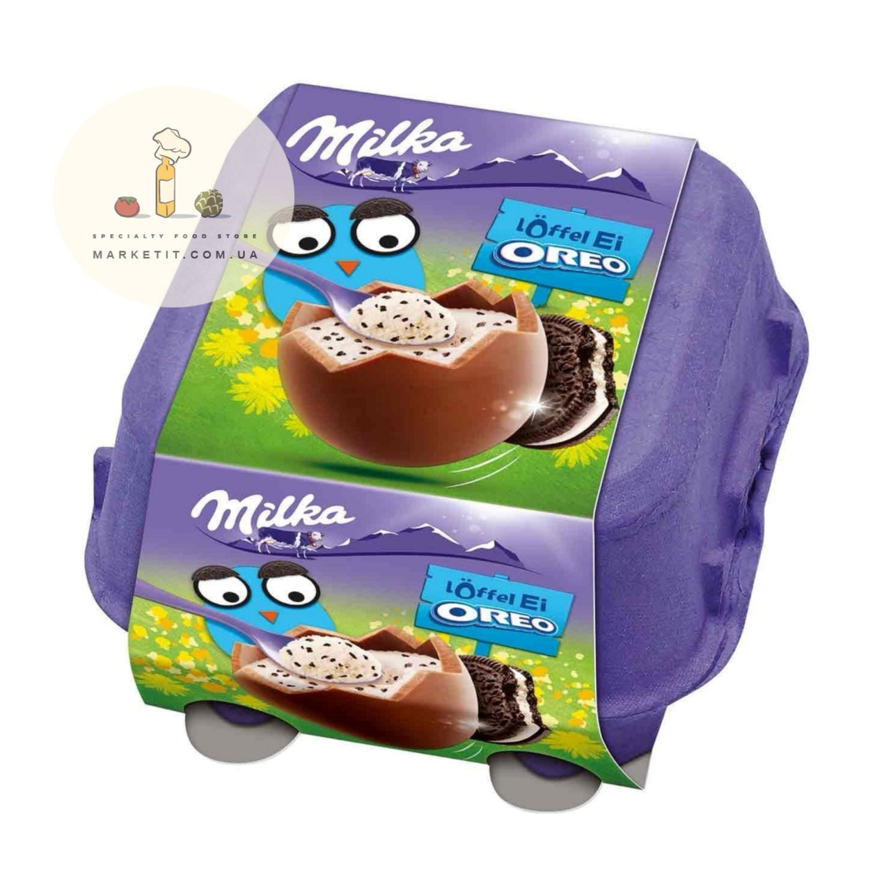 Шоколадні яєчка в лотку Milka «Löffel Ei Oreo» з вершковим мусом і печивом орео, 144 г.