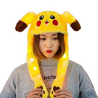 Светящаяся шапка с двигающими ушками Пикачу (Pikachu) ЖЕЛТАЯ