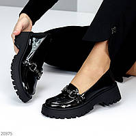 Черные лаковые глянцевые женские кожаные туфли лоферы натуральная кожа