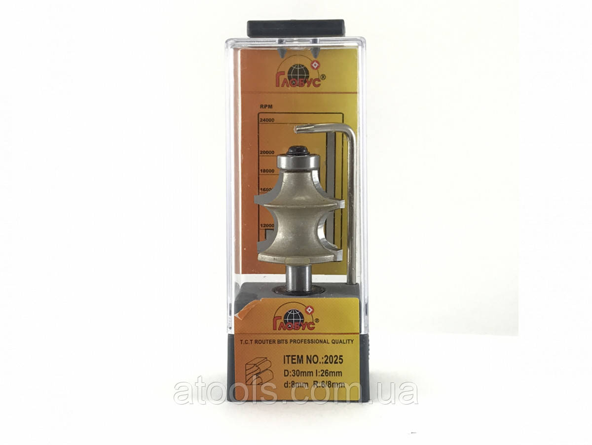 Фреза кромкова фігурна напівстрижнева Глобус 2025 D30 d8 L60 h25 R6/8