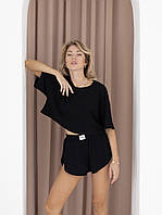 Практичный и уютный женский комплект тройка: шорты, футболка и топ рубчик черный