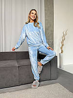 Практичный и удобный женский махровый костюм (кофта+штаны) голубой