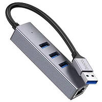 USB HUB Hoco HB34 Easy link Gigabit Ethernet adapter (USB to USB3.0*3+RJ45) 0,15m. Metal Grey
