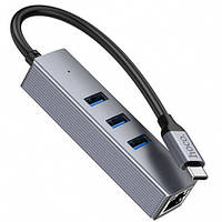 USB HUB Hoco HB34 Type-C Easy link Gigabit network adapter (Type-C to USB3.0*3+RJ45) 0,15m Metal Grey