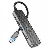 USB HUB Hoco HB24 Easy display Type-C multi-F adapter (HDMI+USB3.0+USB2.0+SD+TF+PD) Metal Gray